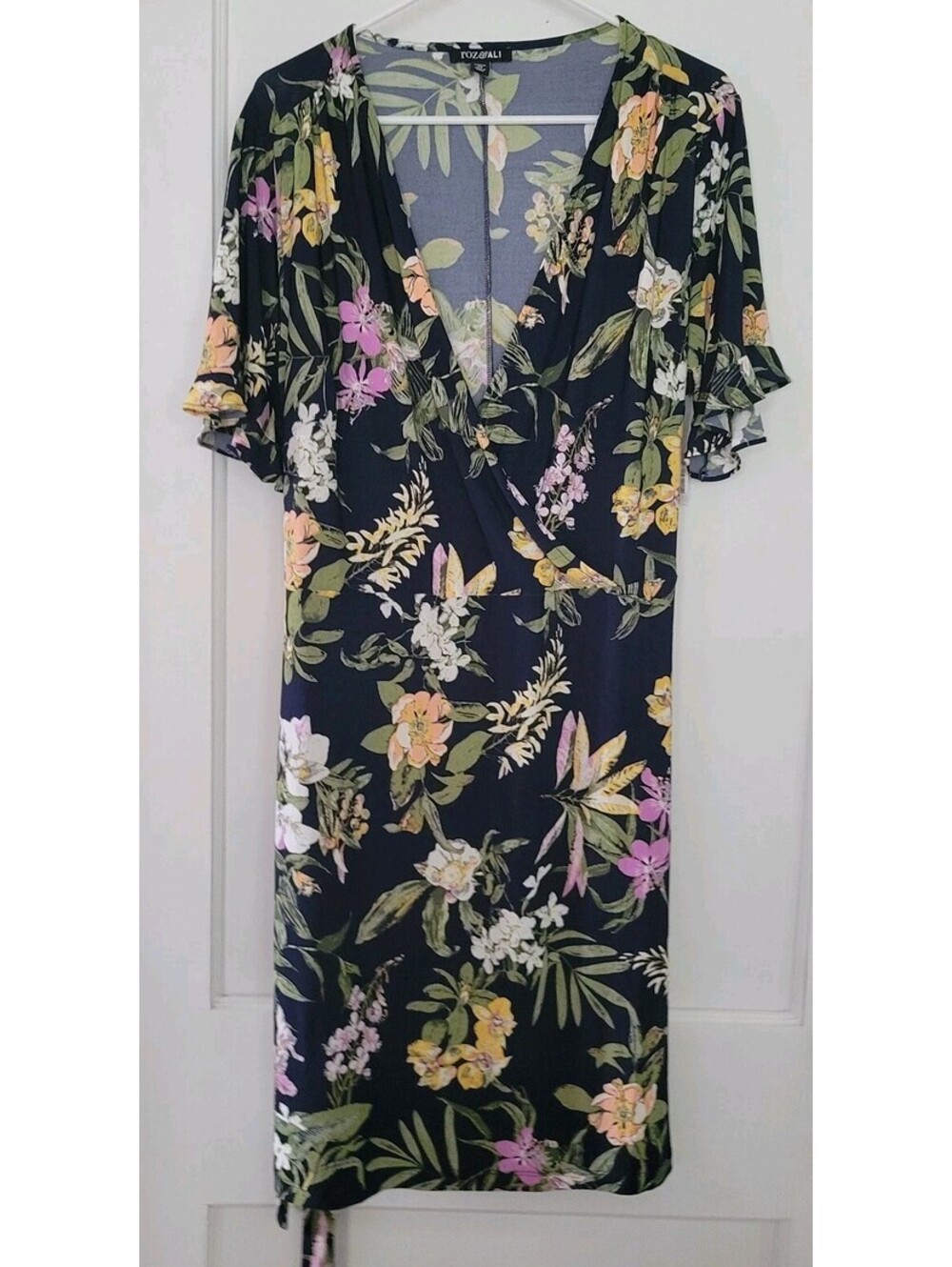 Roz & Ali Plus Size 2X Floral Faux Wrap Dress Black Short Sleeve Ruffle Midi